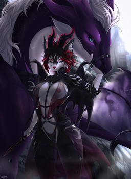 ambiguous_gender anthro areola biped breasts claws clothed clothed_anthro clothed_female clothing countershade_torso countershading duo female feral fingers front_view fur genitals hair horn navel nipples scales standing tail teeth vulva lesspie mythology dragon mythological_creature mythological_scalie scalie 2026 digital_drawing_(artwork) digital_media_(artwork) hi_res