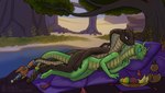 anthro anthro_on_anthro banana brown_body brown_scales brown_tail duo food forked_tongue fruit grape green_body green_scales green_tail looking_at_another lying multicolored_body multicolored_scales nude on_side pink_tongue plant scales tail text tongue tongue_out tree lichfang blizzard_entertainment warcraft reptile scalie sethrak 2025 hi_res url