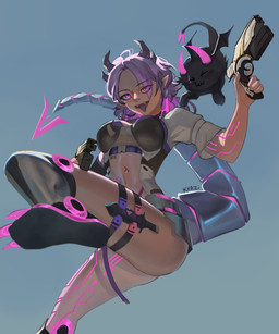 action_pose armor big_breasts breasts clothed clothing cyberpunk eye_contact female front_view full_render gun hair handgun hip_armor horn inside knife looking_at_another machine metallic partially_clothed pistol pose purple_eyes purple_hair ranged_weapon realistic semi-realistic short_hair sky snake_eyes solo splash tail text tongue tongue_out weapon weapon_tail kvazi kvazi_artist malware fan_character demon humanoid robot 5:6 absurd_res artist_name colored detailed digital_media_(artwork) english_text hi_res portrait