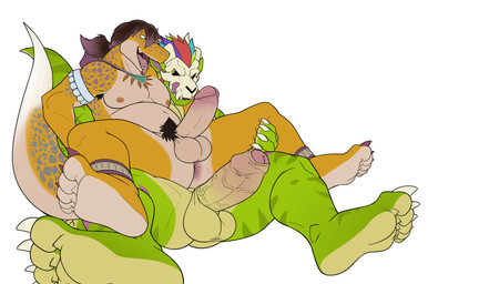 abstract_background accessory anthro anus aroused athletic athletic_anthro athletic_male balls belly biped black_pubes black_sclera blue_spots bone bone_mask brown_hair butt claws collar dominant dominant_anthro dominant_male duo erection feet foreskin genitals glans green_body green_eyes green_markings green_spots hair highlights_(coloring) humanoid_feet humanoid_genitalia humanoid_hands humanoid_penis imminent_sex looking_pleasured male male/male markings mask multicolored_hair multicolored_penis navel nipples nude nude_anthro nude_male on_bottom on_top orange_nipples partially_retracted_foreskin pecs penis pink_anus pink_claws pink_glans pink_hair pink_highlights plantigrade pubes pupils retracted_foreskin simple_background sitting sitting_on_another skull skull_mask slightly_chubby slightly_chubby_anthro slightly_chubby_male slit_pupils soles spots submissive submissive_anthro submissive_male tail tan_balls tan_penis tan_soles teeth text tongue two_tone_penis vein veiny_penis white_background yellow_body yellow_eyes seyrmo terraria ciro_scales_(character) witch_doctor_(terraria) eublepharid gecko leopard_gecko lihzahrd lizard reptile scalie 2026 absurd_res artist_name colored digital_drawing_(artwork) digital_media_(artwork) english_text hi_res signature