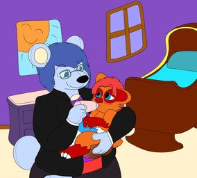 abdl adult_baby age_regression ageplay anthro baby_bottle babying babysitter bangs baseboard bed black_clothing black_diaper black_eyes black_nose black_sleeved_waistcoat black_topwear blue_bed blue_bedding blue_body blue_diaper_tape blue_ears blue_eyes blue_face blue_fur blue_hair blue_hands blue_legs blue_neck blue_paws blue_pillow blue_snout blue_tail bottle bottomless bottomless_anthro bottomless_male bulging_diaper caretaker carrying_another carrying_baby cheek_tuft claws closed_smile clothed clothing confident confident_anthro confident_male container cradle cuffs_(clothing) detailed_background diaper diaper_bulge diaper_fetish diaper_only diaper_tape drawer drinking_milk duo eye_contact eyebrow_through_hair eyebrows eyes_closed facial_markings facial_tuft feces feet finger_claws floor fluffy fluffy_tail full_diaper fur fur_markings fur_tuft furgonomic_diaper furgonomics furniture furry_tail green_paws hair handpaw happy head_markings hindpaw holding_another holding_baby holding_baby_bottle holding_bottle holding_container holding_object infantilism inside light light_beam looking_at_another male male/male markings milk milk_bottle milk_container mouth_closed multicolored_arms multicolored_body multicolored_ears multicolored_fur multicolored_legs neonate orange_arms orange_body orange_ears orange_face orange_fur orange_legs orange_snout orange_tail orange_tuft pantsless pantsless_anthro pantsless_male paws photo picture_on_wall pillow plushie purple_clothing purple_shirt purple_topwear purple_wall red_arms red_body red_clothing red_face red_feet red_fur red_hair red_hands red_inner_ear red_legs red_markings red_nose red_shirt red_topwear regressed regression roleplay round_ears round_tail seam_(sewing) shirt short_tail sleeved_waistcoat smile smug smug_expression smug_face soiled_diaper stitch_(sewing) sun sunbeam sunlight tail tan_body tan_floor tan_fur tan_inner_ear tan_torso teddy_bear toe_claws topless topwear translucent translucent_hair tuft unclean_diaper used_diaper using_diaper wall_(structure) wearing_diaper white_claws white_cuffs white_diaper white_finger_claws white_toe_claws window young young_male agumonofalchemy merlin_(agumonofalchemy) redmond_brown animate_inanimate badger living_plushie living_toy mammal mustelid musteline teddy_bear_(species) colored digital_drawing_(artwork) digital_media_(artwork) hi_res
