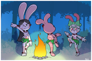 anthro border breasts butt dancing female flower_accessory genitals grass_skirt group markings nipples nude tribal tribal_markings trio vulva white_border mr_harinezumi cartoon_network elinor_wonders_why murphy_and_mitzi pbs the_amazing_world_of_gumball anais_watterson bunny_(ajmarekart) elinor_rabbit lagomorph leporid mammal rabbit absurd_res hi_res