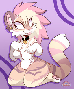 anthro belly black_collar blonde_hair breasts brown_body brown_fur cheek_tuft chest_tuft collar collar_only collar_tag ear_piercing eyelashes facial_tuft female fur hair heart_collar_tag inner_ear_fluff kneeling long_eyelashes long_hair looking_away multicolored_body multicolored_fur multicolored_hair nude pawpads paws piercing pink_hair pink_nose pink_pawpads pink_tongue purple_background round_ears simple_background solo striped_body striped_fur stripes tail tan_body tan_fur thick_thighs tongue tuft two_tone_hair white_body white_fur rose_puppies felid mammal pantherine tiger 2025 colored digital_drawing_(artwork) digital_media_(artwork) hi_res shaded simple_shading