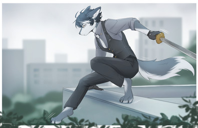 anthro biped bottomwear butt claws clothed clothed_anthro clothed_male clothing feet fingers fully_clothed fully_clothed_anthro fully_clothed_male fur gloves hair handwear holding_melee_weapon holding_object holding_sword holding_weapon male melee_weapon outside solo sword tail toes topwear weapon mergremil canid canine canis mammal wolf 2026 digital_drawing_(artwork) digital_media_(artwork) hi_res
