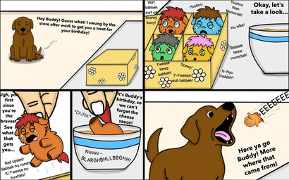 abuse ambiguous_gender ambiguous_human animal_abuse blue_body blue_eyes blue_fur bodily_fluids box brown_body brown_eyes brown_fur brown_hair cheese colored_nails container crying cup dairy_products dialogue dirty eyes_closed featureless_crotch feeding feral food fur green_body green_eyes green_fur grey_hair group hair imminent_vore lifted lifted_by_tail lifting_another light_body light_skin micro mostly_offscreen_character nails open_mouth orange_body orange_fur pink_hair red_hair red_tail sitting stuck tail tail_motion tailwag tears text throwing throwing_character tongue toony white_nails yellow_body yellow_fur young young_ambiguous young_feral roadkill_(fc) fluffy_pony canid canine canis domestic_dog fluffy_pony_(species) human mammal 2025 broken_english comic digital_media_(artwork) english_text hi_res one_page_comic shaded