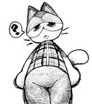 anthro bottomwear clothing half-closed_eyes looking_at_viewer looking_down male narrowed_eyes open_mouth pants pattern_clothing plaid plaid_clothing question_mark raised_tail shirt solo speech_bubble standing tail topwear whiskers jaquin_s animal_crossing nintendo punchy_(animal_crossing) domestic_cat felid feline felis mammal monochrome