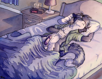 alarm_clock animal_genitalia anthro balls bed bed_sheet bedding bedroom belly biped black_body black_fur bodily_fluids bottomless brown_hair clock clothed clothing cum cum_on_belly cum_on_body cum_on_chest cum_on_face cum_on_hand cum_on_own_face cum_on_self dresser ejaculation erection eyes_closed fluffy fluffy_tail fur furniture genital_fluids genitals gloves_(marking) hair hands-free humanoid_genitalia humanoid_penis inside lamp lying male markings on_back on_bed open_clothing open_mouth open_shirt open_topwear orgasm penis pillow pink_nose pink_penis sheath shirt sleeping solo tail topwear wet_dream white_belly white_body white_fur ruaidri domestic_cat felid feline felis mammal 2014
