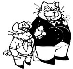 anthro bottomwear clothing duo hat headgear headwear male necktie overweight overweight_male pants police police_hat shirt simple_background tail topwear white_background killer_outlet mappy goro_(mappy) mappy_(character) domestic_cat felid feline felis mammal mouse murid murine rodent 2024 monochrome