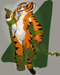 anthro areola belly biped breasts chain chained_cuffs countershade_torso countershading cuff_(restraint) female female_anthro fur genitals handpaw magic markings navel nipples nude nude_anthro nude_female pawpads paws restraints solo standing striped_body striped_fur striped_markings striped_tail stripes tail tail_markings vulva doomrior dreamworks kung_fu_panda master_tigress felid mammal pantherine tiger colored digital_media_(artwork) full-length_portrait hi_res portrait shaded