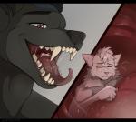 anthro duo fangs male male/male male_pred male_prey mouth_shot neck_bulge open_mouth oral_vore teeth throat vore belfryluna canid canine felid mammal