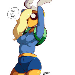 anthro backpack belly bent_arm big_breasts big_eyes big_iris biped black_sclera black_text blonde_hair blue_bottomwear blue_clothing blue_shirt blue_shorts blue_t-shirt blue_topwear bottomwear breasts brown_nose clothed clothed_anthro clothed_female clothing cosplay dialogue ellipsis female fully_clothed fully_clothed_anthro fully_clothed_female fur glistening glistening_body glistening_fur glistening_hair glistening_legs glistening_nose glistening_thighs green_backpack hair hair_over_eye hands_behind_head hat headgear headwear iris light_body light_fur light_hair long_hair midriff monotone_body monotone_fur monotone_hair mouth_closed navel nipple_outline no_pupils partial_speech_bubble pose rabbit_hat shirt shorts simple_background slightly_chubby slightly_chubby_anthro slightly_chubby_female solo speech_bubble standing t-shirt talking_to_self text thick_thighs three-quarter_view tight_clothing topwear white_background white_clothing white_eyes white_hat white_headwear white_speech_bubble yellow_body yellow_fur inuyuru adventure_time cartoon_network fionna_and_cake fionna_and_cake_(franchise) bronwyn_(adventure_time) fionna_the_human canid canine canis domestic_dog mammal pup_(adventure_time) 1:1 2025 artist_name digital_drawing_(artwork) digital_media_(artwork) english_text hi_res portrait three-quarter_portrait