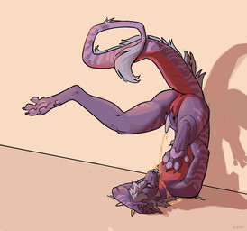 against_surface against_wall animal_genitalia anthro bodily_fluids butt genital_fluids genital_slit genitals golden_shower hair hand_on_penis horn legs_up male multicolored_body pawpads paws peeing peeing_on_chest peeing_on_self peeing_while_erect peeing_while_masturbating penis presenting presenting_hindquarters purple_body red_underbelly simple_background solo tail urine urine_on_chest urine_on_self urine_pool urine_stream watersports krakencalamari mythology nanashi_(nanashi-derg) dragon mythological_creature mythological_scalie scalie wingless_dragon