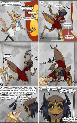 antennae_(anatomy) anthro arthropod_abdomen black_hair black_sclera blonde_hair brown_body brown_fur cerci_(anatomy) clothed clothing dialogue duo female fur hair male navel scared scarf tail text yellow_eyes valsalia out-of-placers lopin yannit arthropod indrel mammal yinglet comic english_text hi_res