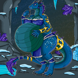 anthro belly big_belly big_breasts blue_body blue_scales bracelet breasts cave claws crystal crystal_cave crystals_on_the_body decoration female gold_(metal) gold_bracelet gold_jewelry hair huge_belly hyper hyper_belly hyper_pregnancy intersex jewelry mature_female navel pregnant pregnant_anthro pregnant_dragon pregnant_female purple_crystal purple_eyes purple_hair scales slightly_chubby solo thick_thighs ventral_scales makseqs mythology dragon kobold lizard mythological_creature mythological_scalie reptile scalie snake
