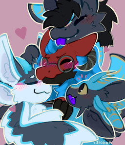 anthro arm_markings black_body black_claws black_feathers black_fur black_hair black_horn black_scales blep blue_body blue_feathers blue_fur blue_hair blue_horn blue_markings blush blush_lines claws ear_markings eyes_closed eyewear facial_markings feather_markings feathered_wings feathers female fluffy fluffy_tail fur fur_markings glasses grey_body grey_feathers group group_hug hair hair_over_eye hair_over_face hand_holding head_markings head_on_head heart_symbol holding_ear horn hug hugging_another looking_at_another male markings pink_background pink_blush purple_mouth purple_tongue red_blush red_body red_scales ribbed_horn scales shoulder_markings simple_background snaggle_tooth tail tail_markings tongue tongue_out white_body white_feathers wings yellow_eyes yellow_markings zilluzion mythology braid_(k'braid) eili_(k'braid) sevan_(k'braid) zolf_holson_(zolorange45) avali dragon furred_dragon furred_drake furred_scalie mythological_creature mythological_scalie scalie wickerbeast absurd_res hi_res trans_(lore) trans_woman_(lore)