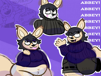 4_fingers abstract_background alternative_fashion anthro belly belly_markings belly_overhang belly_tuft bent_leg big_belly black_clothing black_hair black_nose black_sweater black_topwear blush bodypaint bottomless bottomwear breasts butt butt_markings cargo_shorts claws clothed clothing cute_fangs dipstick_ears ear_markings ear_tuft exclamation_point eye_through_hair eyebrow_through_hair eyebrows eyelashes eyeliner eyeshadow face_paint fangs female fingers fluffy fluffy_tail fur gesture goth green_bottomwear green_clothing green_shorts hair highlights_(coloring) kneeling leg_tuft looking_at_viewer makeup markings medium_breasts messy_hair multicolored_ears multiple_poses navel open_mouth open_smile outline overweight overweight_anthro overweight_female pose purple_background purple_clothing purple_eyeshadow purple_sweater purple_topwear shorts simple_background smile solo standing sweater tail tan_body tan_fur teeth text thick_thighs tongue tongue_out topwear translucent translucent_hair tuft waving waving_at_viewer white_outline wide_hips freoncat sunnysideupe normalsville abbey_(normalsville) canid canine fennec_fox fox mammal true_fox 2026 absurd_res artist_name bust_portrait digital_media_(artwork) english_text hi_res multiple_images portrait signature three-quarter_portrait