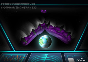 anthro claws detailed_background dominant dominant_anthro domination/submission earth extreme_size_difference feet foot_fetish foot_focus foot_play horror_(theme) macro mystery nails pawpads paws planet purple_body purple_eyes scared screen seductive size_difference smelly smelly_feet space spacecraft star teasing text toes vehicle wiggle wrinkled_feet wrinkles anthony444333 absurd_res digital_media_(artwork) hi_res url