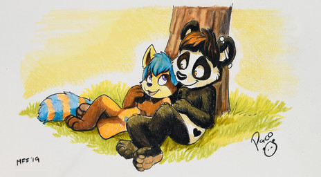 anthro black_body black_fur black_nose blue_hair blue_tail brown_body brown_fur brown_hair closed_smile cuddling duo ear_piercing featureless_crotch female female_anthro fur grass hair industrial_piercing logo male male_anthro markings mouth_closed nude open_mouth open_smile orange_body orange_fur orange_tail piercing plant purple_eyes reclining short_hair smile striped_markings striped_tail stripes tail tail_markings tree white_body white_fur young young_anthro young_female young_male pandapaco ailurid bear giant_panda mammal red_panda 2019 artist_logo dated signature traditional_media_(artwork)