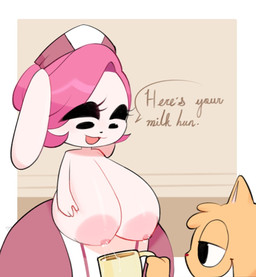 anthro areola big_breasts biped black_eyes bodily_fluids breasts clothed clothing container cup dialogue duo eyebrows eyelashes female front_view hair hand_on_breast holding_object lactating male monotone_body nipples open_mouth open_smile orange_body pink_hair simple_background smile standing tan_body text topless topless_female tuft mu_(artist) layla_(mu) ritz_(mu) felid lagomorph leporid mammal prehistoric_species rabbit saber-toothed_tiger 2022 digital_drawing_(artwork) digital_media_(artwork) english_text hi_res