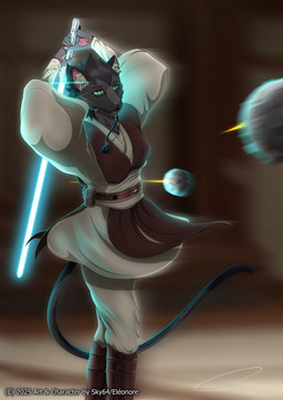 anthro asian_clothing blaster blue_lightsaber boots camira clothed clothing east_asian_clothing female footwear fur hair japanese_clothing jedi jedi_tunic kimono laser lightsaber machine melee_weapon science_fiction shirt shoes solo tail text topwear tunic weapon cedess_velkaas star_wars felid feline mammal robot digital_media_(artwork) hi_res