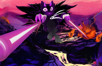 3_fingers 4_toes attack burning claws crossed_legs detailed_background feet fingers fire front_view fur grey_body grey_fur group horn imminent_death landscape laser looking_at_viewer male multicolored_body multicolored_fur outside pink_sky purple_body purple_claws purple_eyes purple_fur purple_horn purple_sclera sky solo_focus toes dirtyscoundrel patoolas demon felid mammal digital_media_(artwork) digital_painting_(artwork) hi_res painting_(artwork)