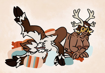 4_breasts 4_legs anatomically_correct anatomically_correct_genitalia anatomically_correct_vulva antlers areola belly big_breasts bodily_fluids breasts brown_body brown_eye brown_fur brown_hair clitoral_hood clitoris countershading crossed_arms dewclaw dewclaw_hooves ear_piercing eyebrows eyewear female freckled_face freckled_legs freckled_shoulders freckled_thighs freckles fur genital_fluids genitals glasses hair highlights_(coloring) hooves horn inner_ear_fluff love_handles lying multi_breast multicolored_body multicolored_fur navel nipples nude on_side overweight overweight_female piercing pillow pubes simple_background slightly_chubby smile solo spread_legs spreading tail teats tuft udders vaginal_fluids vulva white_body white_fur white_hair artemis_(sesbianlexi) deer deer_taur mammal mammal_taur new_world_deer reindeer taur hi_res