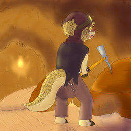 accident anthro bodily_fluids bottomwear boulder brown_body brown_scales button_(fastener) cave claws cloak clothed clothing diaper diaper_under_clothing eyewear feces finger_claws genital_fluids goggles headgear headwear holding_object holding_pickaxe hood_up male mine pants pickaxe pooping rock scales soiled_diaper soiling soiling_diaper solo surprised toe_claws torch unclean_diaper urine used_diaper wearing_diaper wet_diaper wetting wetting_diaper yellow_eyes yellow_sclera fennecat mammal pangolin 1:1 absurd_res hi_res watermark