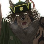 anthro clothing fur hair headgear headwear male mongolian mongolian_clothing muscular muscular_anthro muscular_male pecs solo tattoo run_aki lifewonders tokyo_afterschool_summoners temujin_(tas) canid canine canis mammal wolf 1:1 hi_res