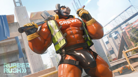2_horns 5_fingers abs anthro barazoku beard black_clothing black_gloves black_hair black_handwear black_thong black_underwear bodysuit broken_horn bulge cigar city cityscape clothed clothing construction_equipment construction_site crotch_harness day detailed_bulge dirty dirty_clothing dutch_angle eyewear facial_hair facial_piercing fingers fur girder gloves goggles green_clothing green_topwear green_vest grey_body grey_fur hair hammer handwear holding_cigar holding_hammer holding_object holding_tool horn looking_at_viewer looking_down looking_down_at_viewer low-angle_view male muscular muscular_anthro muscular_male nipple_outline nose_piercing nose_ring open_clothing open_mouth open_topwear open_vest orange_bodysuit orange_clothing orange_skinsuit outside pecs piercing plant ring_piercing safety_goggles septum_piercing septum_ring skinsuit sledgehammer smile solo stain stained_clothing text text_on_bodysuit thong tight_clothing tools topwear tree twitter_handle underwear vest yellow_clothing yellow_gloves yellow_handwear takahirosi morton_(takahirosi) bovid bovine cattle mammal 16:9 2025 english_text hi_res widescreen