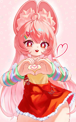 accessory anthro arm_warmers armwear buckteeth clothed clothing female female_anthro frilly frilly_clothing gesture hair hair_accessory heart_gesture heart_symbol off_shoulder open_mouth overall_dress pink_body pink_hair red_eyes shirt solo teeth topwear yellow_clothing yellow_shirt yellow_topwear young young_anthro young_female yamacho mihoyo zenless_zone_zero zhao_(zenless_zone_zero) lagomorph leporid mammal rabbit absurd_res hi_res