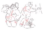 anthro ass_up axe belly butt clothing cute_fangs eyes_closed fangs humanoid_hands jack-o'_pose lumberjack male melee_weapon moobs multiple_poses nipples overalls overweight overweight_male pose solo teeth weapon leothelionel the_human_heart_(game) cade_maplebottom bear mammal 2021 sketch