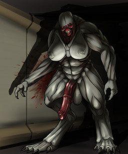 3_fingers animal_genitalia animal_penis anterior_nasal_aperture balls big_breasts big_penis blood blood_splatter bodily_fluids breasts claws dark elephant_penis eyeless fingers genitals grey_body grey_nipples grey_skin gynomorph intersex looking_at_viewer muscular muscular_gynomorph muscular_humanoid muscular_intersex nipples penis red_penis shadow solo standing oniontrain doom_(series) id_software microsoft demon demon_humanoid hell_knight humanoid hi_res shaded