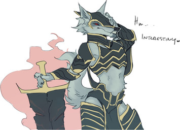 alternate_costume anthro dialogue ellipsis fur fuzzy grey_body grey_fur heart_symbol holding_object holding_weapon looking_at_viewer male melee_weapon navel raised_arm red_eyes simple_background slim solo standing sword text weapon white_background squibstash dreamworks elden_ring fromsoftware puss_in_boots_(franchise) death_(puss_in_boots) canid canine canis mammal wolf english_text hi_res