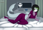 anthro bed biped breasts female fin furniture hair looking_at_viewer lying multicolored_hair non-mammal_breasts purple_eyes solo tail two_tone_hair kloudmutt the_nightmare_before_christmas jack_skellington vixys fish marine shark digital_media_(artwork) hi_res