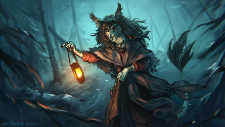 anthro black_hair brown_clothing brown_nose clothed clothing forest fur hair holding_lantern holding_object lamp lantern long_hair male male_anthro messy_hair mouth_closed outside plant solo standing tail tail_tuft tree tuft white_body white_fur white_tail yellow_eyes lostgoose lostgoose_(character) 16:9 2022 dated detailed digital_drawing_(artwork) digital_media_(artwork) hi_res signature widescreen