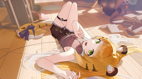 accessory animal_ears bare_legs bare_shoulders belt bent_legs black_bottomwear black_clothing black_shorts blonde_hair book bottomwear clothing collared_shirt cute_fangs dress_shirt fangs female fluffy_ears furgonomics glistening glistening_hair green_eyes grey_dress_shirt hair inside legs_together long_hair lying markings on_back open_mouth ribbons shirt shorts sleeveless_shirt solo striped_hair striped_markings striped_tail stripes tail tail_accessory tail_markings tail_ribbon teeth thigh_strap topwear two_tone_tail white_hair young young_female young_humanoid yunnasol mihoyo zenless_zone_zero ju_fufu animal_humanoid felid felid_humanoid humanoid mammal mammal_humanoid pantherine pantherine_humanoid thiren tiger_humanoid 16:9 hi_res widescreen