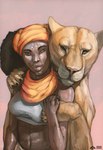 afro bodypaint brown_body brown_skin clothing duo face_paint female feral hug looking_at_viewer muscular muscular_human narrowed_eyes orange_eyes pink_background shirt simple_background squint tank_top topwear cosmiclife shakura_(cosmiclife) felid human lion mammal pantherine hi_res