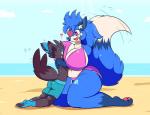 2019 anthro anthrofied beach big_breasts bikini blue_body blue_fur blue_hair blue_tail blush breasts brown_body brown_fur butt canid canine clothed clothing curvy_figure cute_fangs digital_media_(artwork) duo embrace eye_patch eyelashes eyewear face_in_breasts face_on_breast fan_character feet female fox fur generation_5_pokemon hair half-closed_eyes heart_eye_patch heart_stream heart_symbol hi_res hug huge_breasts lazuli_(doggod.va) male male/female mammal motion_lines multicolored_body multicolored_eyes multicolored_fur multicolored_tail narrowed_eyes nintendo pawpads pink_bikini pink_clothing pink_swimwear pokemon pokemon_(species) purple_eyes sand seaside shiny_pokemon shinyillusionz size_difference smile swimwear tail thick_thighs voluptuous water white_body white_fur white_tail wide_hips yellow_eyes zeke_the_zorua zorua