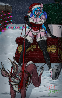 anthro antlers bdsm bit_gag bridle christmas_clothing christmas_headwear clothing collar costume dominant dominant_female duo female fur gag gagged gloves hair handwear harness hat headgear headwear holidays horn latex latex_clothing latex_gloves latex_handwear latex_legwear latex_stockings leash leash_pull legwear male male/female petplay ponyplay reins roleplay santa_hat stockings submissive submissive_male tekandprieda christmas friendship_is_magic hasbro my_little_pony the_rune_tapper tek_(tekandprieda) earth_pony equid equine horse mammal murid murine pony rat rodent digital_media_(artwork) hi_res