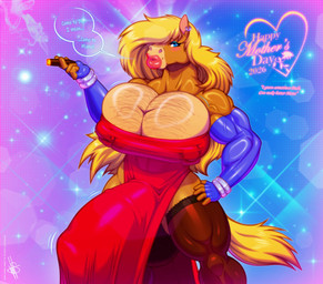 5_fingers animal_genitalia animal_penis anthro balls big_balls big_muscles big_pecs big_penis blonde_hair blue_eyes blue_eyeshadow blush body_hair brown_body brown_fur bulge chest_hair cigar clothed clothing crossdressing crossdressing_male detailed_bulge dialogue dress ear_piercing equine_genitalia equine_penis erection erection_under_clothing erection_under_dress eyeshadow fem-man fingers fur genital_outline genitals hair holidays huge_balls humanoid_hands legwear lips lipstick looking_at_viewer makeup male medial_ring muscular muscular_thighs nipple_outline pecs penis penis_outline piercing pink_lipstick smile smiling_at_viewer smoking smoking_cigar solo talking_to_viewer thick_lips thick_thighs thigh_highs walter_sache mother's_day equid equine horse mammal absurd_res hi_res father_(lore) parent_(lore)
