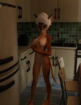 anthro appliance areola big_eyes breasts chair detailed_background drawer female floor fridge furniture green_eyes hand_holding kitchen kitchen_appliance long_tail nipples nude sink small_tail snout solo standing table tail tile tile_floor toaster towel towel_on_head littlefisky ninfu_caracal caracal caracal_(genus) felid feline mammal 3d_(artwork) digital_media_(artwork) hi_res