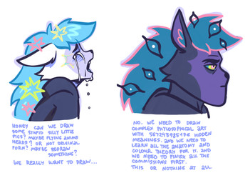 ambiguous_gender anthro blue_hair bodily_fluids ears_back ears_up hair long_hair male mullet pivoted_ears solo star struggling tears deadishwolf chad_(meme) yes_chad artist_self-insert charlie_volchok aardwolf canid canine canis hybrid hyena mammal wolf hi_res meme