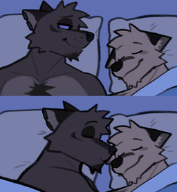 2_panel_comic anthro blue_sclera brown_body duo ear_piercing eyes_closed flashback head_on_pillow kissing male male/male piercing pillow sleeping sleeping_together smile rygel_spkb milo_(rygel_spkb) yoby_(rygel_spkb) canid canine canis mammal wolf 2024 comic hi_res