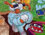 anthro big_breasts big_butt blonde_hair breasts butt duo female hair huge_breasts huge_butt hyper plant sharp_teeth teeth virus-20 activision crash_bandicoot_(series) coco_bandicoot man-eating_plant_(crash_bandicoot) bandicoot elemental_creature flora_fauna mammal marsupial traditional_media_(artwork)