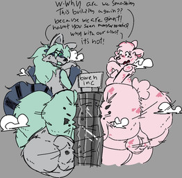 anthro backsack balls big_balls big_butt billboard breast_squish breasts building building_destruction butt cloud crossgender destruction dialogue duo genitals gynomorph huge_balls huge_butt hyper hyper_balls hyper_butt hyper_genitalia intersex intersex/male macro male scrotum_flap skyscraper squish text hornyaxolotl amphibian aquatic axolotl mammal mole_salamander procyonid raccoon salamander english_text