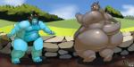 anthro belly bulge butt clothing cloud day detailed_background duo field male moobs obese outside overweight shaking sky standing tail thong transformation underwear kazecat mythology beta_tyson gorix_the_hipponian common_hippopotamus dragon hippopotamid hybrid mammal mythological_creature mythological_scalie scalie hi_res