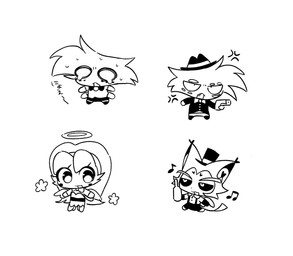 4_arms anthro bottle chibi clothing container cross-popping_vein feathered_wings feathers female group gun halo hat headgear headwear holding_bottle holding_container holding_gun holding_object holding_ranged_weapon holding_weapon husk male multi_arm multi_eye multi_limb musical_note musical_symbol ranged_weapon simple_background symbol text weapon white_background wings enaic31 hazbin_hotel hellaverse angel_dust arackniss_(hazbin_hotel) husk_(hazbin_hotel) molly_(hazbin_hotel) angel arachnid arthropod demon domestic_cat felid feline felis humanoid mammal spider hi_res japanese_text monochrome brother_(lore) brother_and_sister_(lore) brothers_(lore) sibling_(lore) sister_(lore)