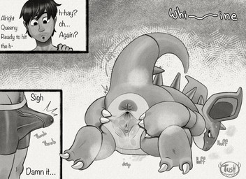 anthro anus aroused aroused_female blush bodily_fluids breath claws clitoral_slit clitoris clothing dialogue dripping duo erection erection_under_clothing female female_anthro female_on_human genital_fluids genitals hair horn human_on_anthro in_heat interspecies leaking looking_back lying male male/female male_human mature_female on_front orgasm_face panting pokephilia precum precum_drip precum_through_clothing precum_through_underwear presenting presenting_vulva pussy_juice_leaking raised_tail simple_background spread_vulva spreading sweat sweatdrop tail tenting text underwear urethra vaginal_fluids vaginal_fluids_on_vulva vulva wet wet_clothing tush_(artist) nintendo pokemon generation_1_pokemon human mammal nidoqueen pokemon_(species) absurd_res digital_media_(artwork) english_text hi_res monochrome