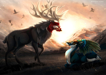 antlers black_body black_eyes black_fur blue_body blue_fur day detailed_background feathered_wings feathers feral fur grass green_eyes group hooves horn lying outside plant red_body red_fur scar scenery sky standing sun wings seanica avian bird deer mammal 2014