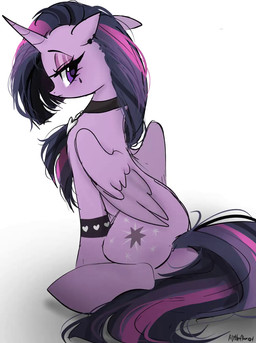 alternative_fashion bodily_fluids butt collar ear_piercing ear_ring female feral goth horn jewelry looking_back pendant piercing ring_piercing simple_background solo tattoo teardrop tears wings petaltwinkle friendship_is_magic hasbro my_little_pony mythology twilight_sparkle_(mlp) equid equine mammal mythological_creature mythological_equine winged_unicorn hi_res